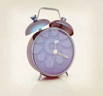 3d illustration of glossy alarm clock against white background . 3D illustration. Vintage style.