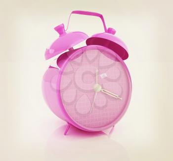 3d illustration of glossy purple alarm clock against white background . 3D illustration. Vintage style.