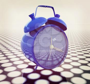 3d illustration of glossy alarm clock. Time concept. 3D illustration. Vintage style.