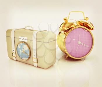 Suitcases for travel and clock. 3D illustration. Vintage style.