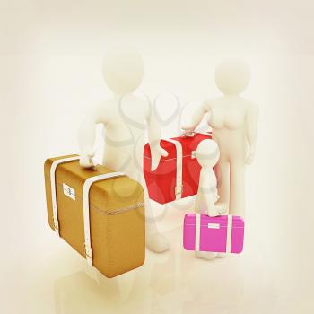 Family travel concept on a white background. 3D illustration. Vintage style.