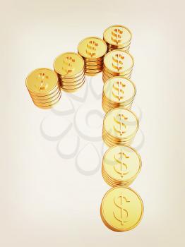 Number one of gold coins with dollar sign isolated on white background. 3D illustration. Vintage style.