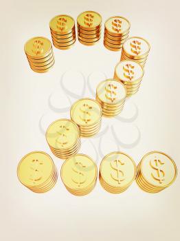 Number two of gold coins with dollar sign isolated on white background. 3D illustration. Vintage style.
