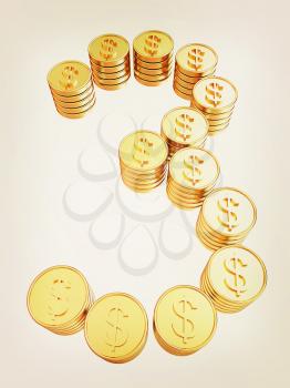 Number three of gold coins with dollar sign isolated on white background. 3D illustration. Vintage style.