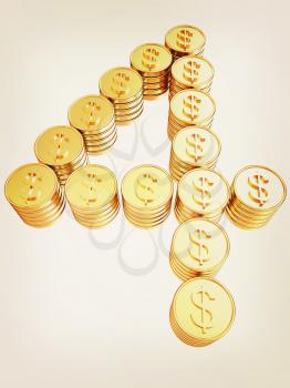 Number four of gold coins with dollar sign isolated on white background. 3D illustration. Vintage style.