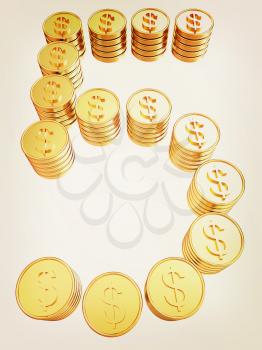 Number five of gold coins with dollar sign isolated on white background. 3D illustration. Vintage style.