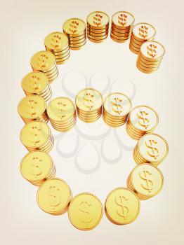 Number six of gold coins with dollar sign isolated on white background. 3D illustration. Vintage style.