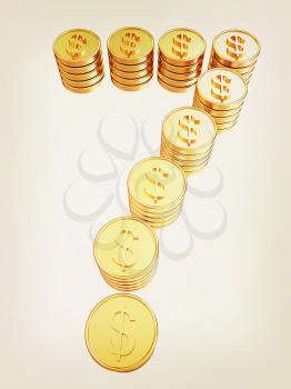Number seven of gold coins with dollar sign isolated on white background. 3D illustration. Vintage style.