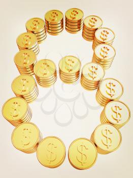 Number eight of gold coins with dollar sign isolated on white background. 3D illustration. Vintage style.