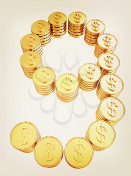 Number nine of gold coins with dollar sign isolated on white background. 3D illustration. Vintage style.
