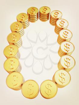 Number zero of gold coins with dollar sign isolated on white background. 3D illustration. Vintage style.
