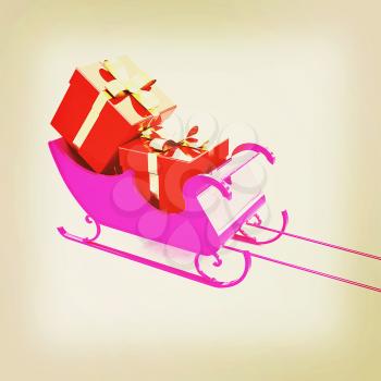 Christmas Santa sledge with gifts on a white background . 3D illustration. Vintage style.