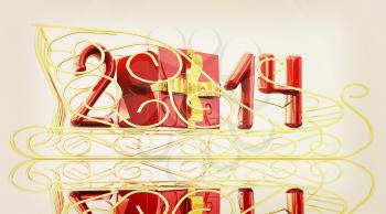 Abstract 3d illustration of text 2014 with present box on a gold sledge. 3D illustration. Vintage style.