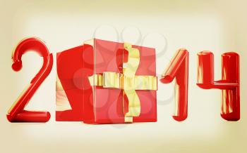 Abstract 3d illustration of text 2014 with present box on a white background . 3D illustration. Vintage style.