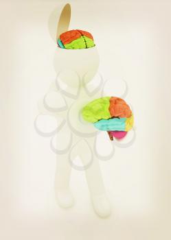 3d people - man with half head, brain and trumb up. . 3D illustration. Vintage style.