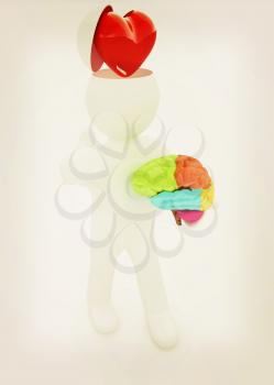 3d people - man with half head, brain and trumb up. Love concept with heart. 3D illustration. Vintage style.