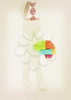 3d people - man with half head, brain and trumb up. Medical concept with DNA model. 3D illustration. Vintage style.