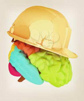 hard hat on brain. 3D illustration. Vintage style.
