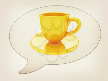 messenger window icon. Coffee cup on saucer. 3D illustration. Vintage style.
