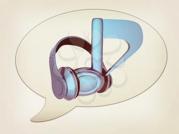 messenger window icon. Blue headphones and note. 3D illustration. Vintage style.