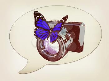 messenger window icon and photographic camera and butterfly. 3D illustration. Vintage style.