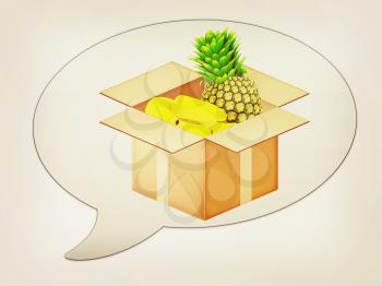 messenger window icon and pineapple and bananas in cardboard box. 3D illustration. Vintage style.