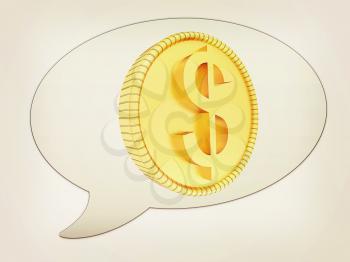 messenger window icon and gold dollar coin. 3D illustration. Vintage style.