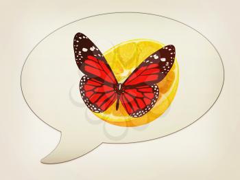 messenger window icon and Red butterflys on a half oranges. 3D illustration. Vintage style.