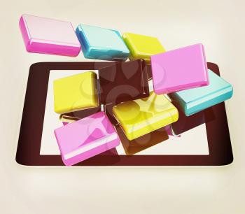 Tablet PC with colorful CMYK application icons isolated on white background . 3D illustration. Vintage style.