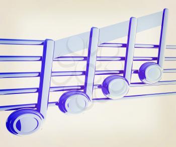 3D music note on stave on a white . 3D illustration. Vintage style.