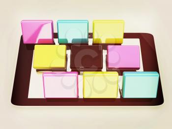 Tablet PC with colorful CMYK application icons isolated on white background . 3D illustration. Vintage style.