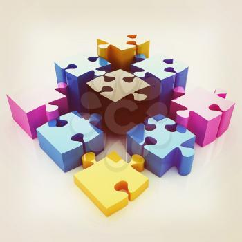 Puzzle of the four elements. Conceptual image - a palette CMYK. 3D illustration. Vintage style.