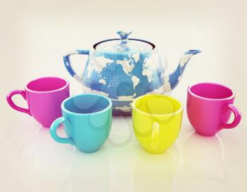 colorfull cups and teapot for earth. Globally. Drink for the entire planet.Concept of communication. 3D illustration. Vintage style.