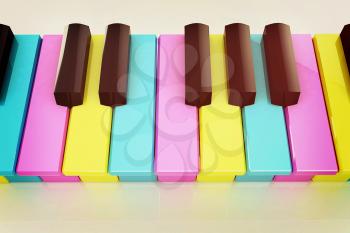 Colorfull piano keys on a white background . 3D illustration. Vintage style.