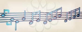 Various music notes on stave. Blue 3d. 3D illustration. Vintage style.