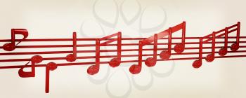 Various music notes on stave. Red 3d. 3D illustration. Vintage style.