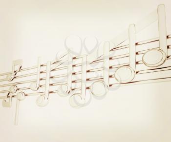 Various music notes on stave. Metall 3d. 3D illustration. Vintage style.
