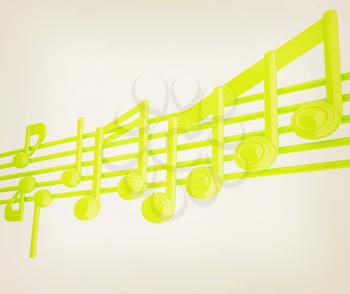 Various music notes on stave. Green 3d. 3D illustration. Vintage style.