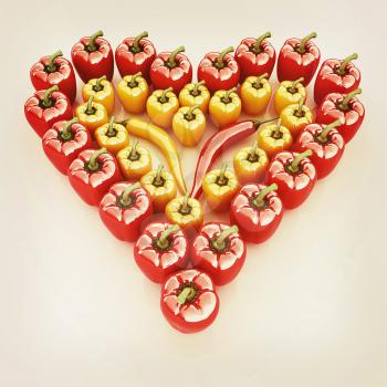 Bulgarian Pepper Heart Shape, On White Background. 3D illustration. Vintage style.