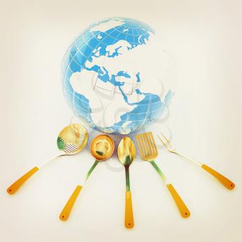 cutlery on white background around Earth. 3D illustration. Vintage style.