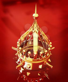 Gold crown isolated on red background . 3D illustration. Vintage style.