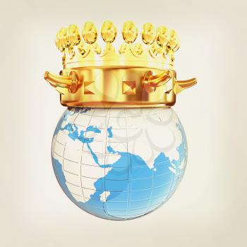 Gold crown on earth isolated on white background . 3D illustration. Vintage style.