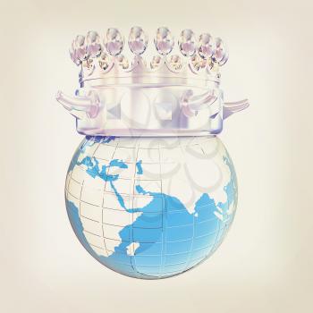 Fantastic crown on earth isolated on white background . 3D illustration. Vintage style.