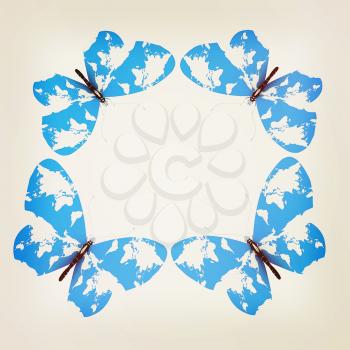 Map of Earth on butterflies isolated on white . 3D illustration. Vintage style.