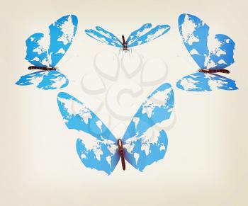 Map of Earth on butterflies isolated on white . 3D illustration. Vintage style.