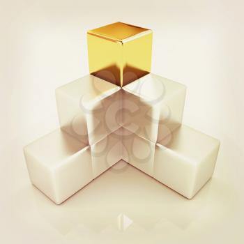 colorful block diagram with one individual gold cube top. 3D illustration. Vintage style.