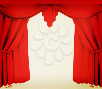 Red curtains. 3D illustration. Vintage style.