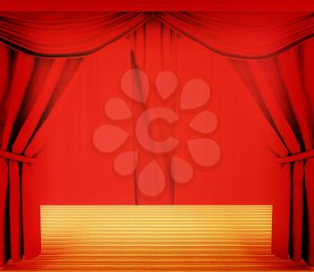 Red curtains and wooden scene floor . 3D illustration. Vintage style.