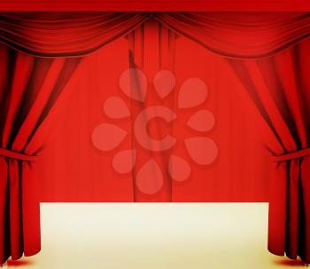 Red curtains. 3D illustration. Vintage style.