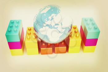 Building blocks efficiency concept on white. Globall with earth. 3D illustration. Vintage style.
